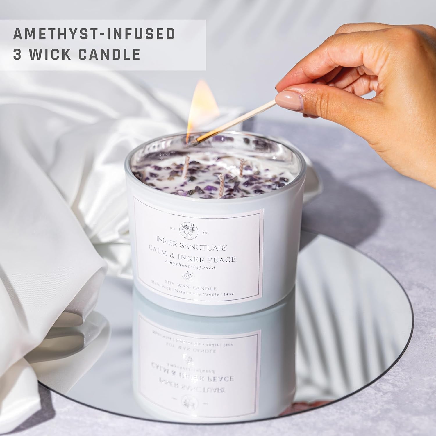 Healing Crystal Candle with Real Amethyst Crystals inside - 12Oz Soy Wax | Aromatherapy Candle | Spiritual Gifts for Woman | Meditation Gifts