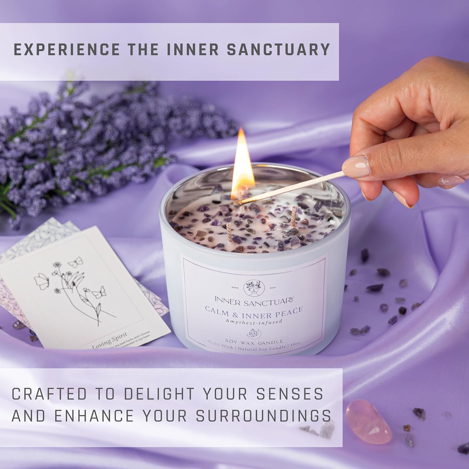 Healing Crystal Candle with Real Amethyst Crystals inside - 12Oz Soy Wax | Aromatherapy Candle | Spiritual Gifts for Woman | Meditation Gifts