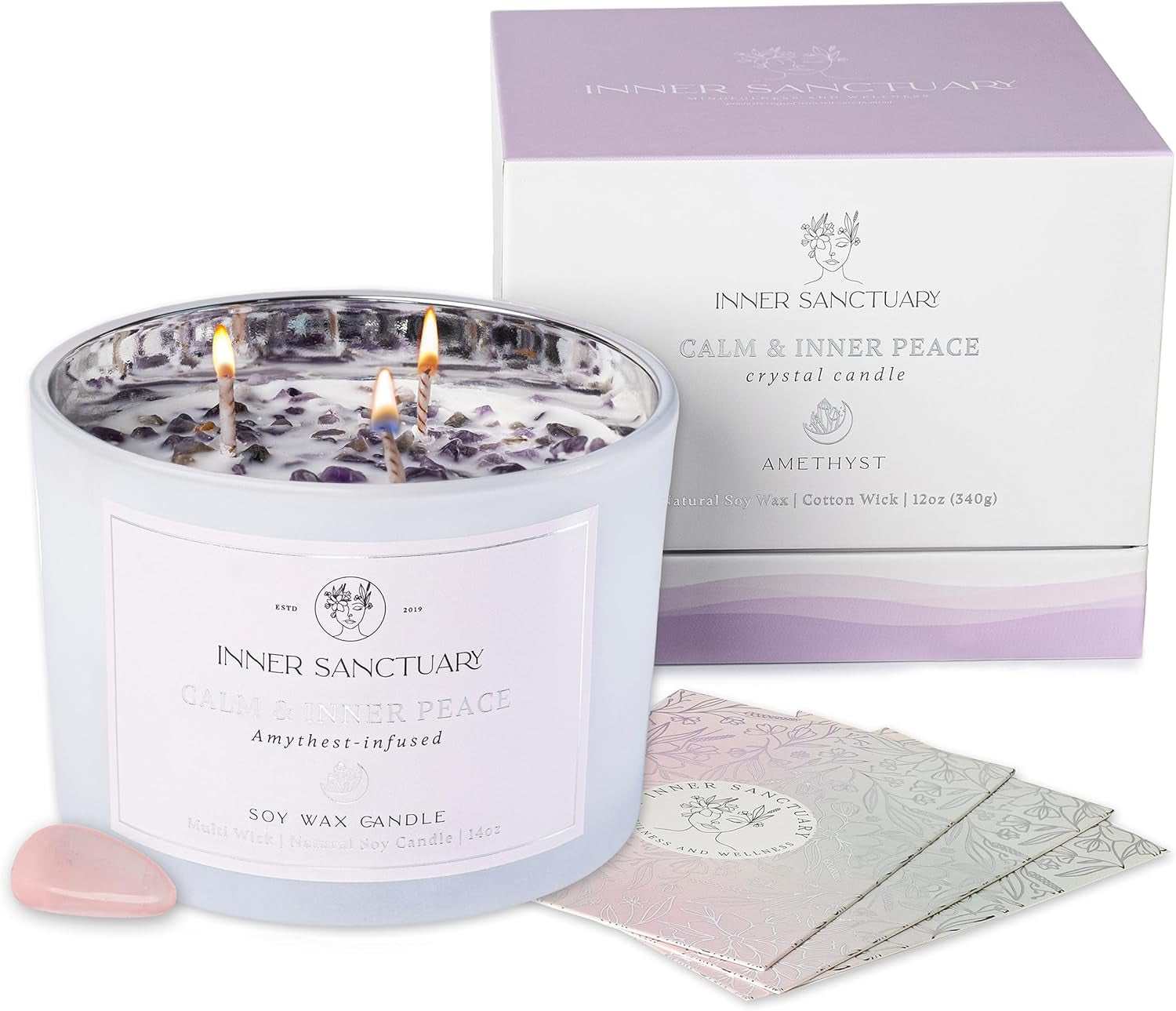 Healing Crystal Candle with Real Amethyst Crystals inside - 12Oz Soy Wax | Aromatherapy Candle | Spiritual Gifts for Woman | Meditation Gifts