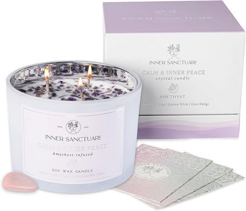 Healing Crystal Candle with Real Amethyst Crystals inside - 12Oz Soy Wax | Aromatherapy Candle | Spiritual Gifts for Woman | Meditation Gifts